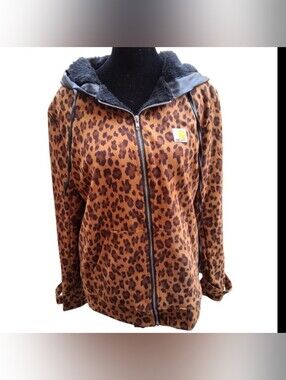 Carhartt Leopard Print Sherpa Faux Leather Trim Zip Hoodie Jacket